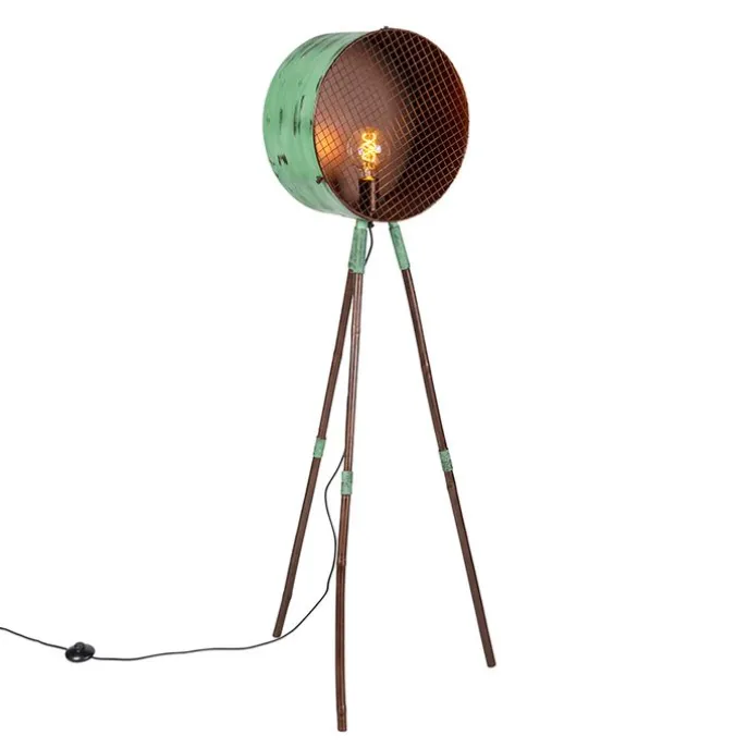 Vintage vloerlamp op bamboo driepoot groen met koper - Barrel