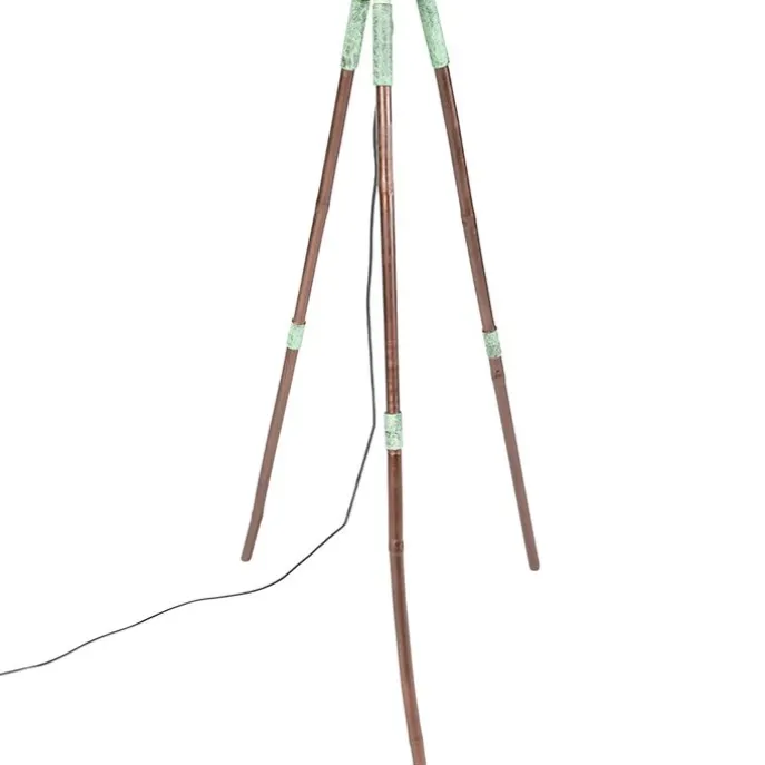 Vintage vloerlamp op bamboo driepoot groen met koper - Barrel