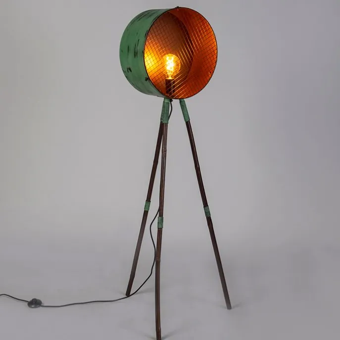 Vintage vloerlamp op bamboo driepoot groen met koper - Barrel