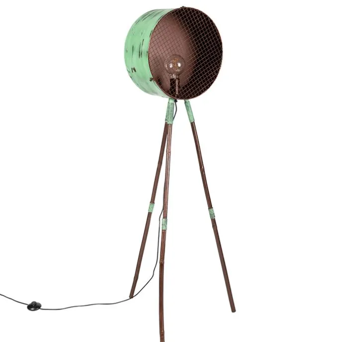Vintage vloerlamp op bamboo driepoot groen met koper - Barrel