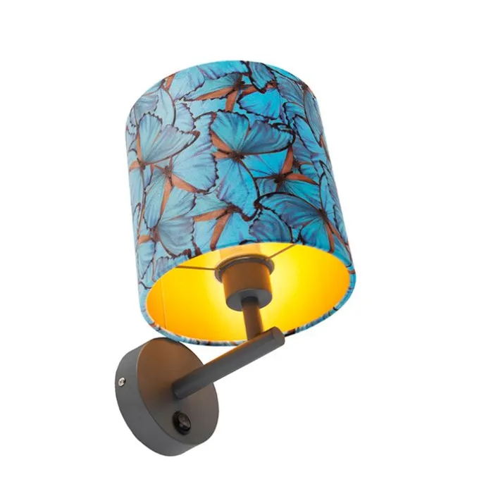 Vintage wandlamp donkergrijs met velours kap vlinder - Combi