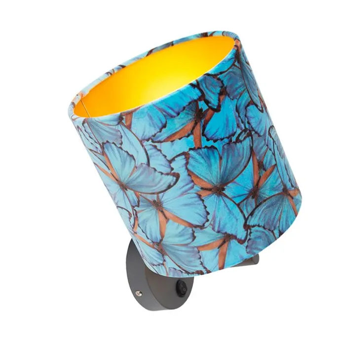 Vintage wandlamp donkergrijs met velours kap vlinder - Combi