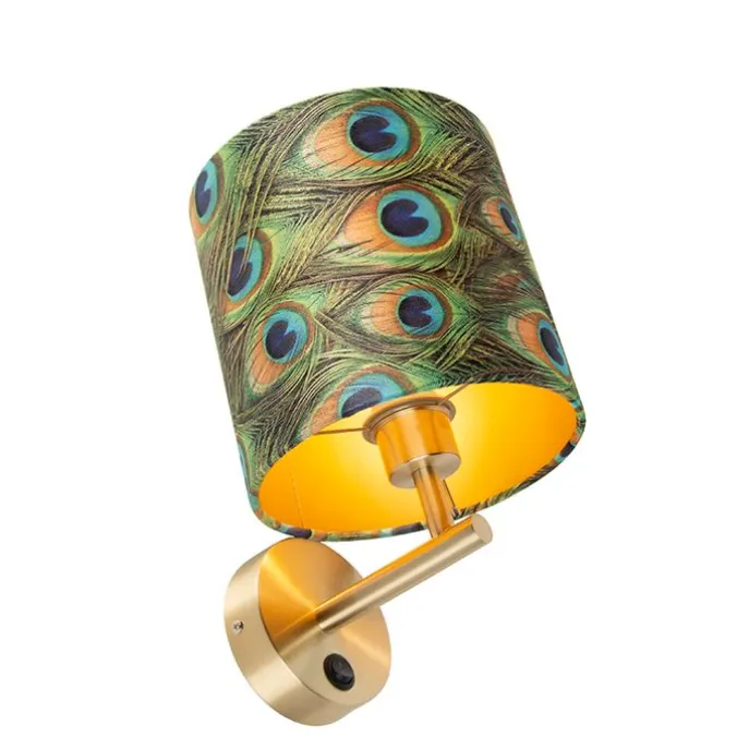 Vintage wandlamp goud met kap velours 20/20/20 pauw - Combi