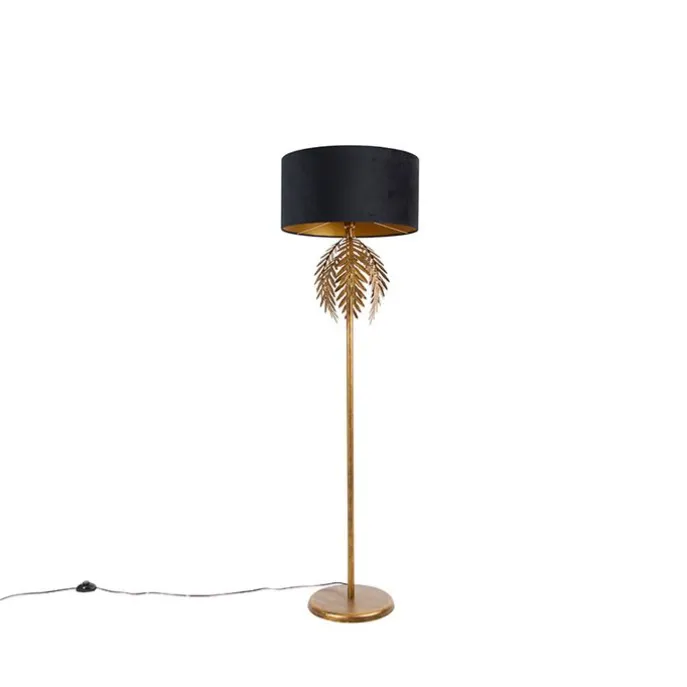 Vloerlamp goud 145 cm met zwarte velours kap 50 cm - Botanica