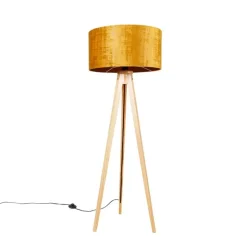 Vloerlamp hout met stoffen kap goud 50 cm - Tripod Classic