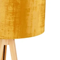 Vloerlamp hout met stoffen kap goud 50 cm - Tripod Classic