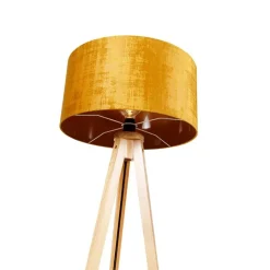 Vloerlamp hout met stoffen kap goud 50 cm - Tripod Classic