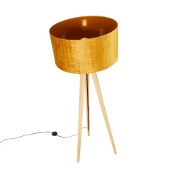 Vloerlamp hout met stoffen kap goud 50 cm - Tripod Classic