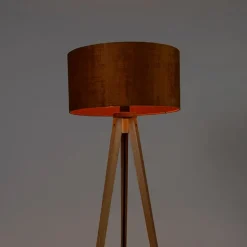 Vloerlamp hout met stoffen kap goud 50 cm - Tripod Classic