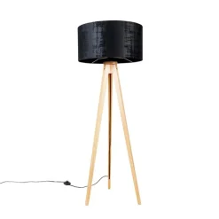 Vloerlamp hout met stoffen kap zwart 50 cm - Tripod Classic