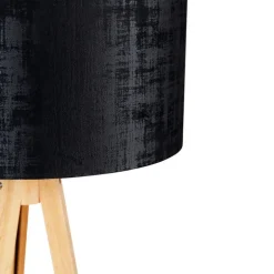 Vloerlamp hout met stoffen kap zwart 50 cm - Tripod Classic