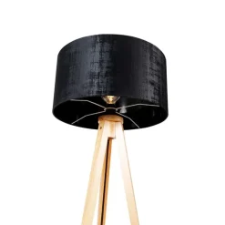 Vloerlamp hout met stoffen kap zwart 50 cm - Tripod Classic
