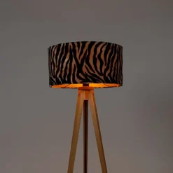 Vloerlamp hout met stoffen kap zebra 50 cm - Tripod Classic