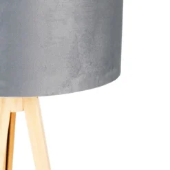 Vloerlamp hout met stoffen kap grijs 50 cm - Tripod Classic