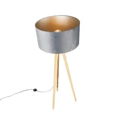 Vloerlamp hout met stoffen kap grijs 50 cm - Tripod Classic