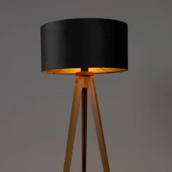 Vloerlamp hout met stoffen kap grijs 50 cm - Tripod Classic