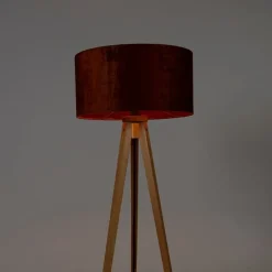 Vloerlamp hout met stoffen kap oranje 50 cm - Tripod Classic