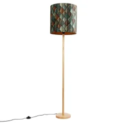 Vloerlamp hout met velours lampenkap blad dessin met gouden binnenkant - Mels