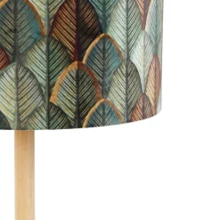 Vloerlamp hout met velours lampenkap blad dessin met gouden binnenkant - Mels