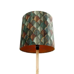 Vloerlamp hout met velours lampenkap blad dessin met gouden binnenkant - Mels