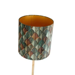 Vloerlamp hout met velours lampenkap blad dessin met gouden binnenkant - Mels