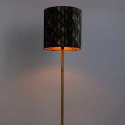 Vloerlamp hout met velours lampenkap blad dessin met gouden binnenkant - Mels