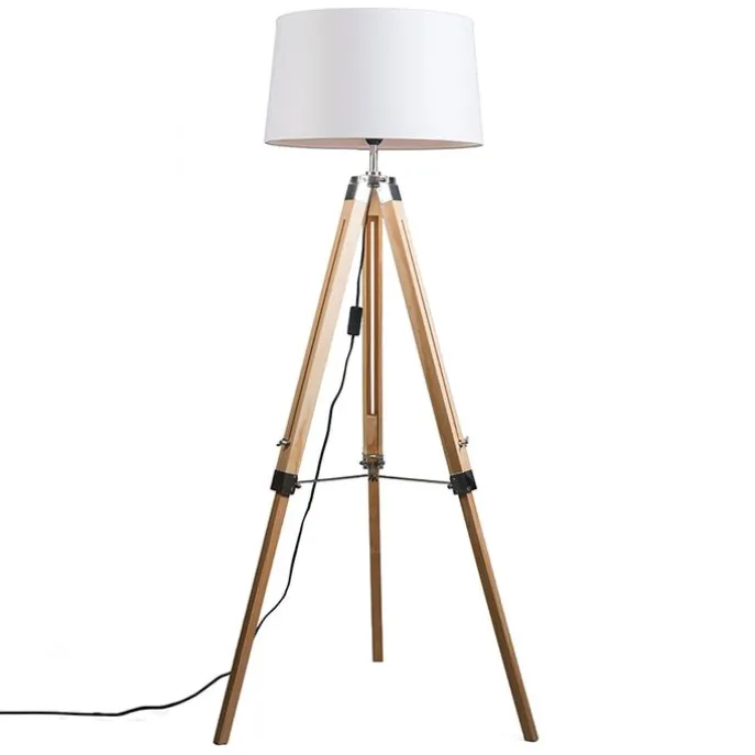 Vloerlamp naturel met witte linnen kap 45 cm - Tripod