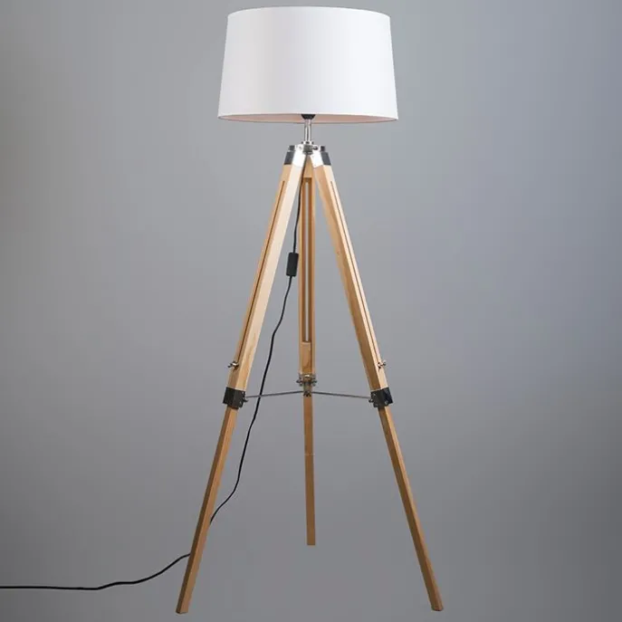 Vloerlamp naturel met witte linnen kap 45 cm - Tripod