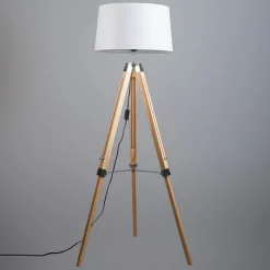 Vloerlamp naturel met witte linnen kap 45 cm - Tripod