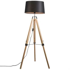 Vloerlamp naturel met zwarte linnen kap 45 cm - Tripod