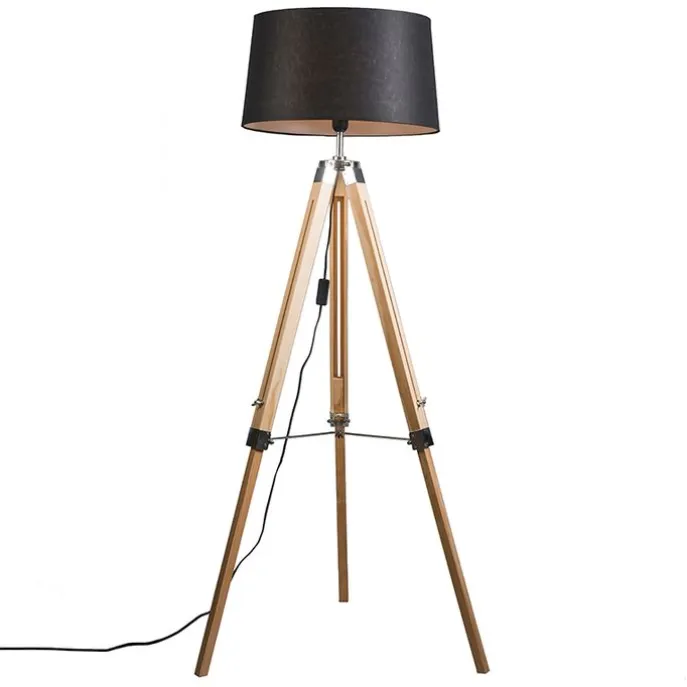 Vloerlamp naturel met zwarte linnen kap 45 cm - Tripod