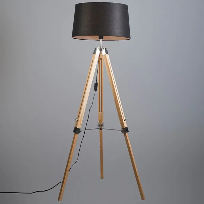 Vloerlamp naturel met zwarte linnen kap 45 cm - Tripod