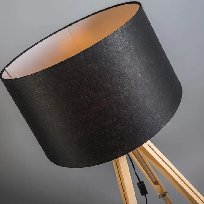 Vloerlamp naturel met zwarte linnen kap 45 cm - Tripod