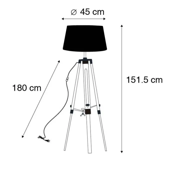 Vloerlamp naturel met zwarte linnen kap 45 cm - Tripod