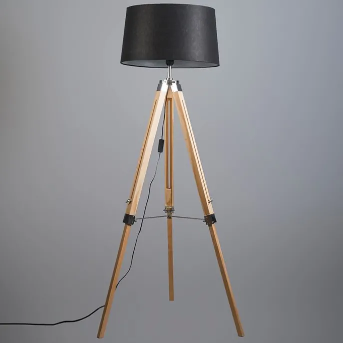 Vloerlamp naturel met zwarte linnen kap 45 cm - Tripod