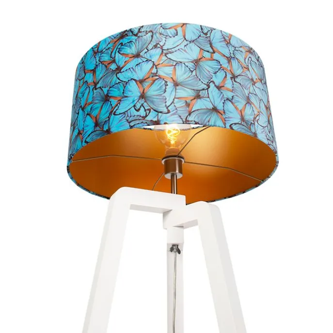 Vloerlamp tripod hout met vlinders velours kap 50 cm - Puros