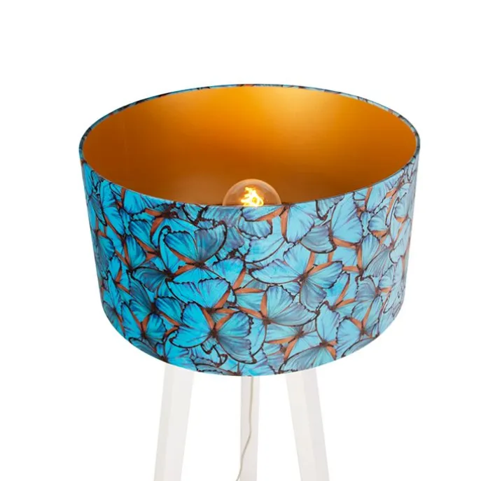 Vloerlamp tripod hout met vlinders velours kap 50 cm - Puros