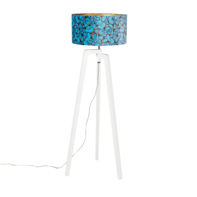 Vloerlamp tripod hout met vlinders velours kap 50 cm - Puros