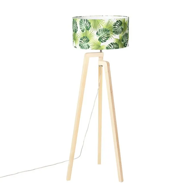 Vloerlamp tripod hout met kap leaf - Puros