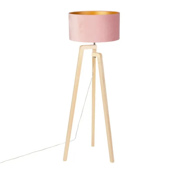 Vloerlamp tripod hout met roze velours kap 50 cm - Puros