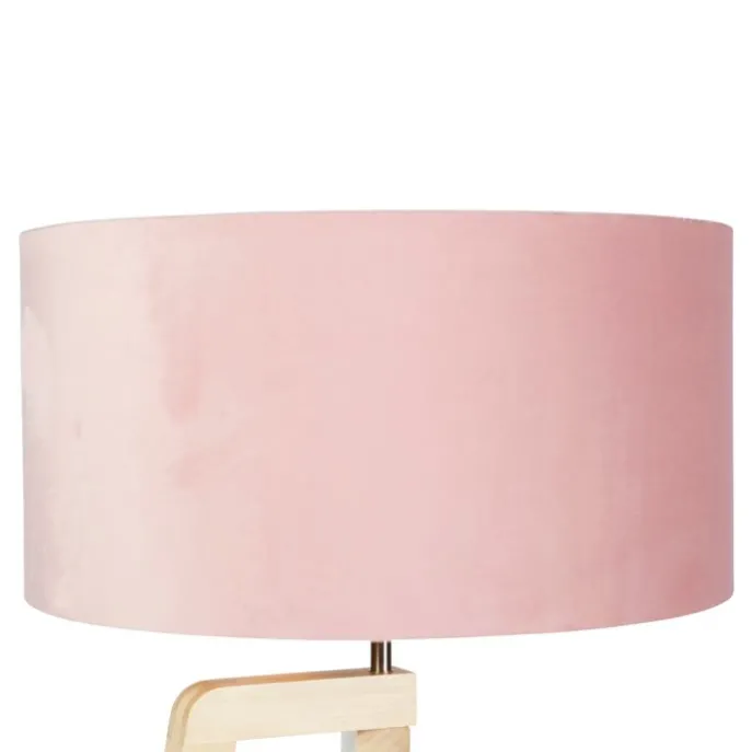 Vloerlamp tripod hout met roze velours kap 50 cm - Puros