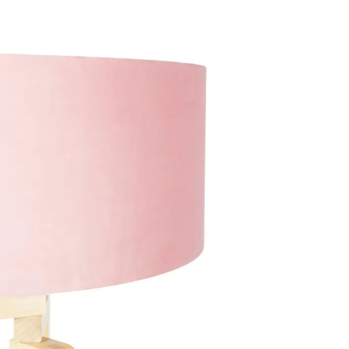 Vloerlamp tripod hout met roze velours kap 50 cm - Puros