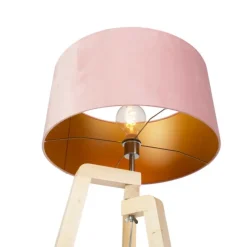 Vloerlamp tripod hout met roze velours kap 50 cm - Puros