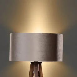 Vloerlamp tripod walnoot hout met velours kap taupe 50cm - Tripod Classic