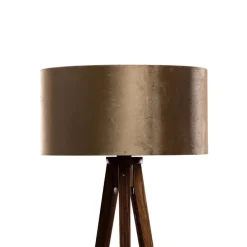 Vloerlamp tripod walnoot hout met velours kap brons 50cm - Tripod Classic