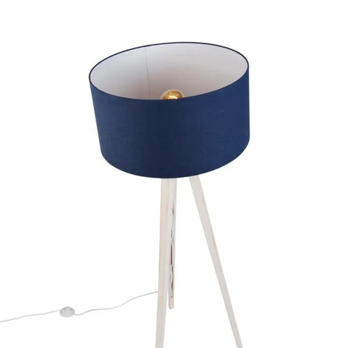 Vloerlamp tripod wit met stoffen kap donkerblauw 50cm - Tripod Classic