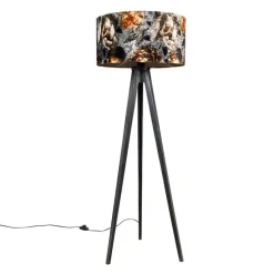 Vloerlamp tripod zwart met kap bloemen 50 cm - Tripod Classic
