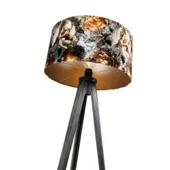 Vloerlamp tripod zwart met kap bloemen 50 cm - Tripod Classic