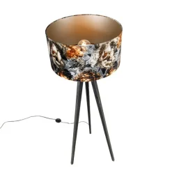 Vloerlamp tripod zwart met kap bloemen 50 cm - Tripod Classic