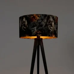 Vloerlamp tripod zwart met kap bloemen 50 cm - Tripod Classic